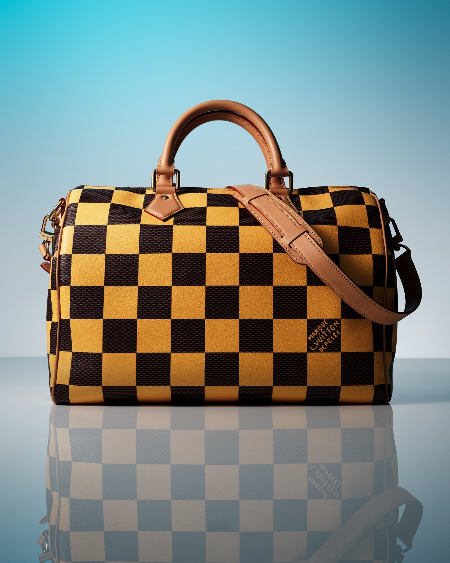 Checkerboard-patterned satchel-style handbag with brown leather trim and shoulder strap, presented on a reflective surface with a blue gradient backdrop.