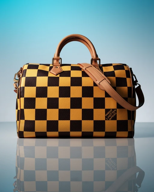 Checkerboard-patterned satchel-style handbag with brown leather trim and shoulder strap, presented on a reflective surface with a blue gradient backdrop.