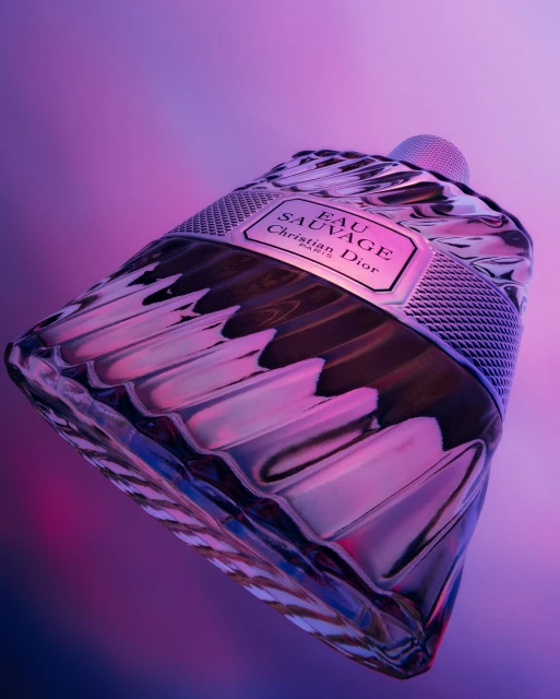 Eau Sauvage by Christian Dior bottle on a purple background, highlighting luxury, quality, and brand prestige. 