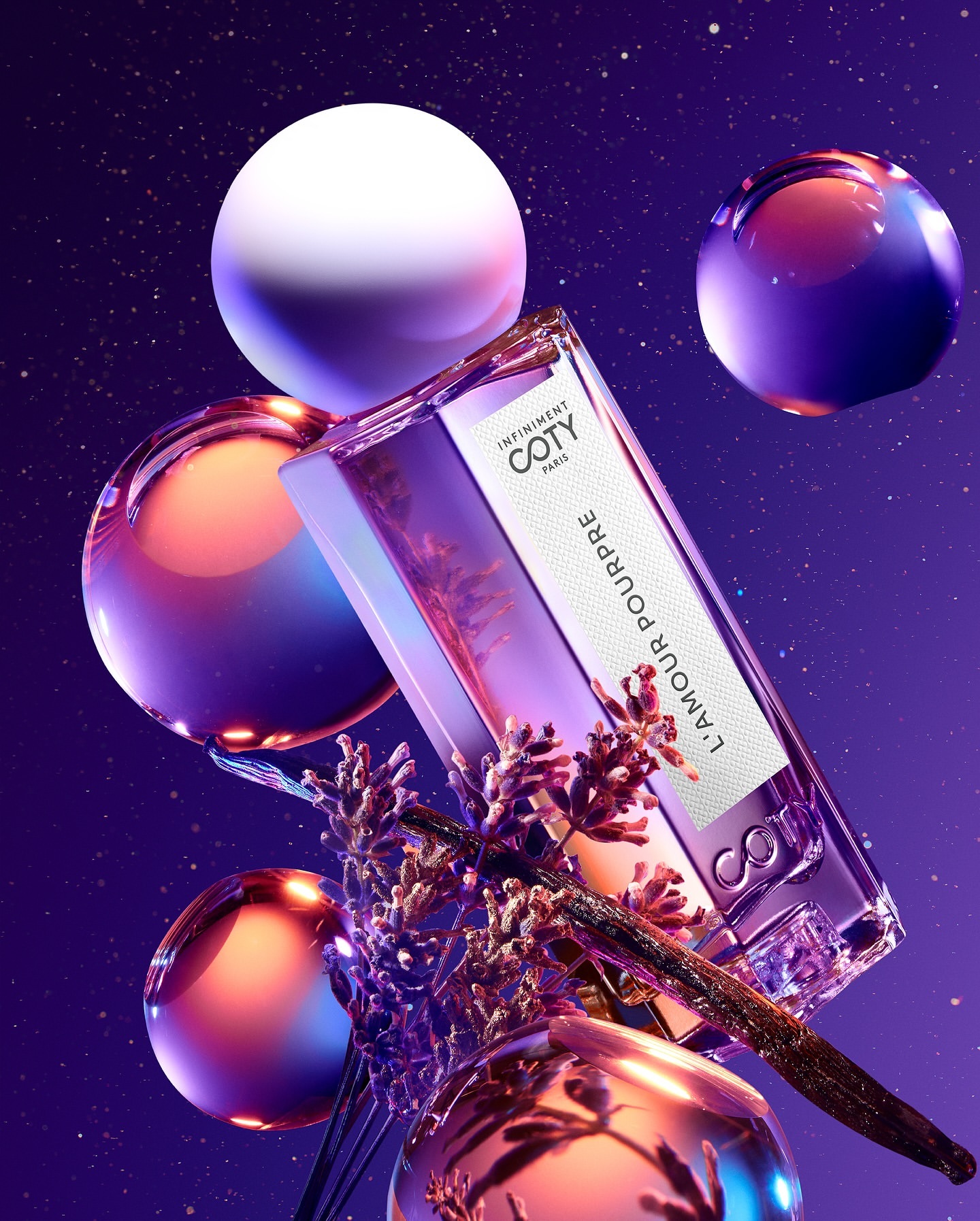 A sleek purple perfume bottle is elevated by levitating mirrored spheres, lavender sprigs, and a vanilla bean against a cosmic purple backdrop.