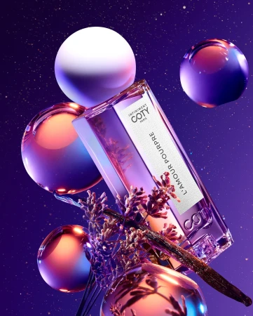 A sleek purple perfume bottle is elevated by levitating mirrored spheres, lavender sprigs, and a vanilla bean against a cosmic purple backdrop.