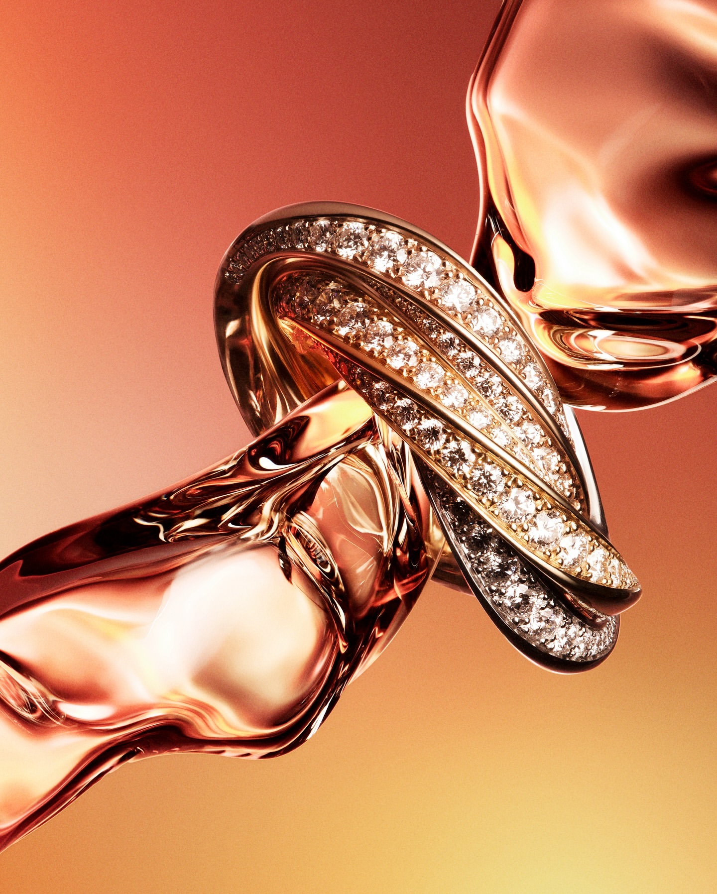 Gold knot ring with diamonds encircled by flowing amber liquid, studio shot on gradient background, luxury jewellery product shot.