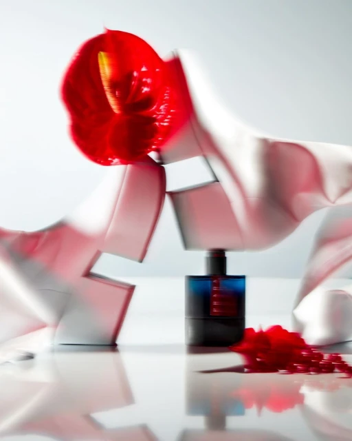Still life of a perfume bottle, red anthurium flower, and white fabric on a reflective surface in a minimalist, artistic composition.