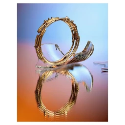 An ornate gold bracelet rests on a curved piece of transparent glass against a gradient background.
