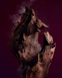 Close-up of weathered textured wood sculpture with wisps of white smoke against a dark burgundy background by Baptiste Olivier