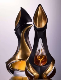 Two sculptural perfume bottles with black matte and metallic gold finishes on a reflective surface against a neutral gradient background