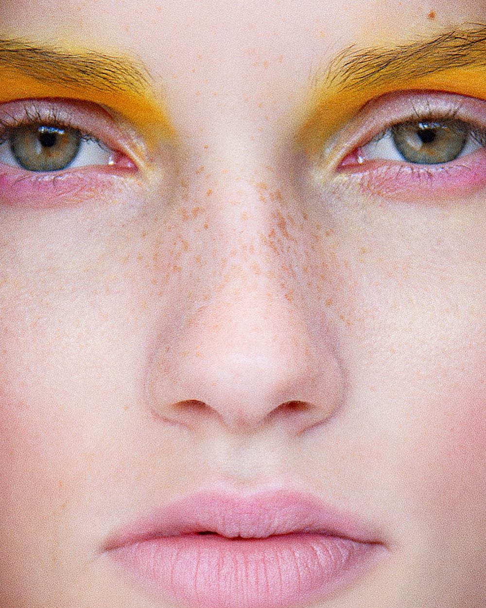 Close-up of a face with yellow eyebrows and freckles. The focus is on the facial features, highlighting eyes, nose, and mouth.