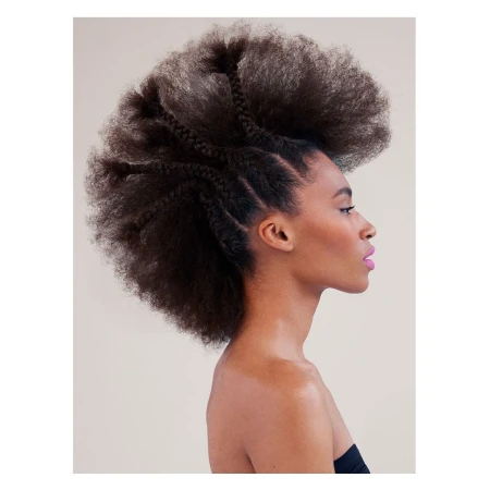 Profile portrait of a Black woman with voluminous textured hair styled into braids against a pale backdrop