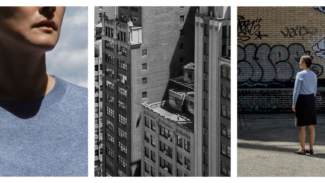 Three-panel view: torso in blue sweater and sky, architectural building exterior, woman in sweater and skirt standing by graffiti wall.