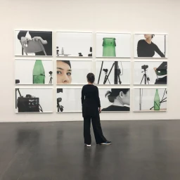 Woman in black clothing standing and viewing a gallery wall of framed photographic prints by Barbara Probst.