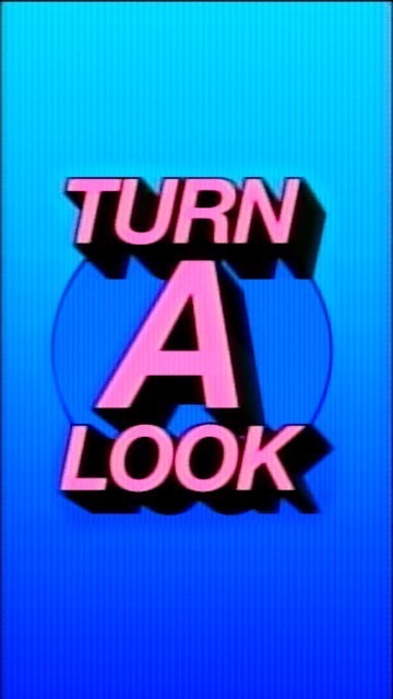Retro graphic art featuring pink stylized text 'TURN A LOOK' on a blue background with vertical lines and a circle.