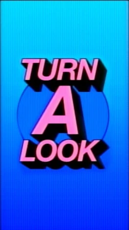 Retro graphic art featuring pink stylized text 'TURN A LOOK' on a blue background with vertical lines and a circle.