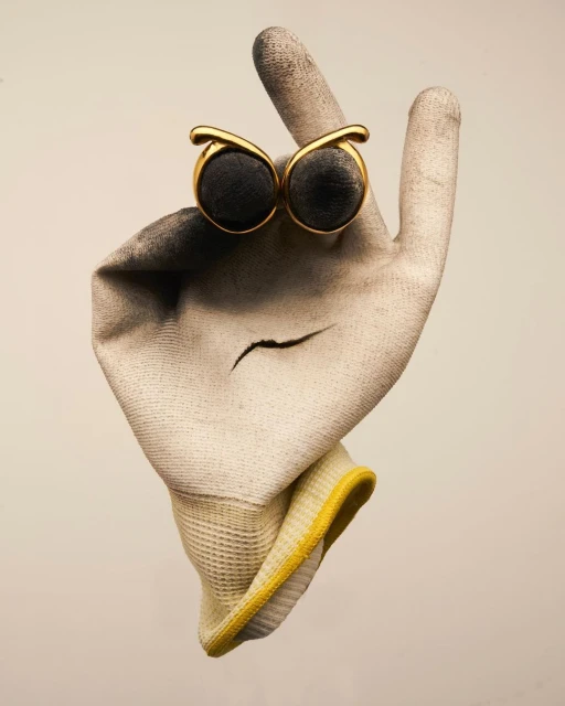 A surreal studio shot of a used work glove with an owl-eye accessory attached, set against a neutral background with creative presentation.