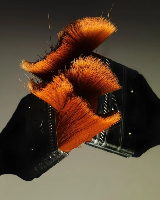 Close-up of a row of orange synthetic hair extensions affixed to a black metal base, creating an abstract and textured visual.