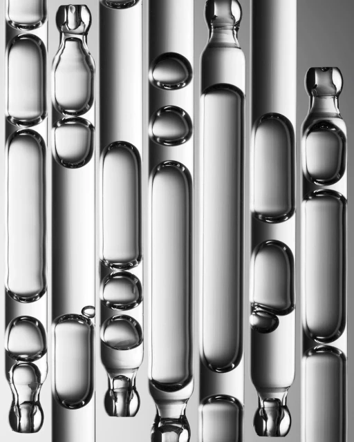 Close-up shot of water droplets and bubbles inside glass tubes creating abstract, textured background and silver, gray color palette.
