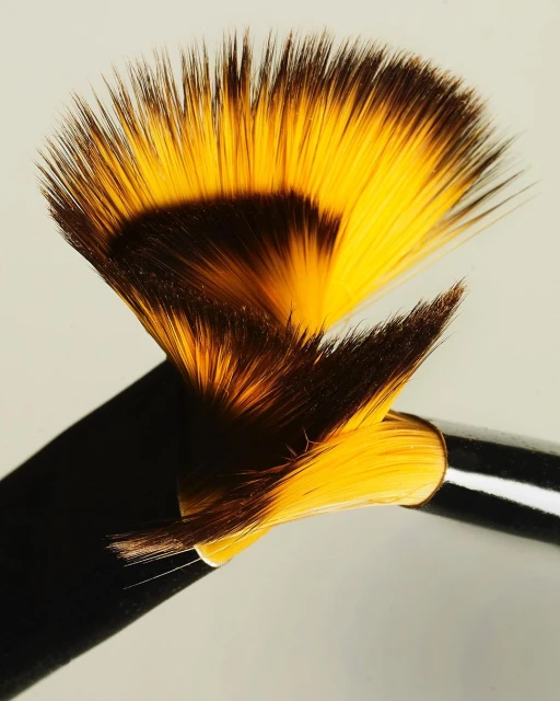 Close-up of two makeup brushes with yellow and brown bristles, showcasing the textures and patterns on a neutral background, studio lighting.