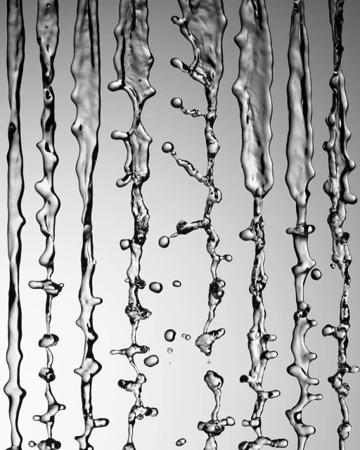 Monochrome image featuring an array of dynamic water streams, with various shapes and droplets, set against a gradient gray background.