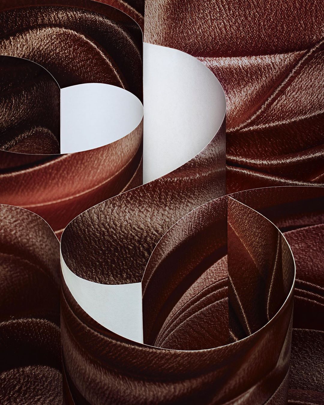 Abstract composition of curved and folded brown paper creating a dynamic, textured design with contrasting white interior surfaces.
