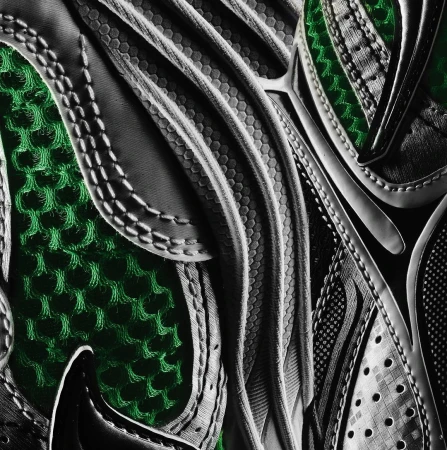 Close-up of a green and grey running shoe showcasing intricate patterns and textures, highlighting its sporty and modern design.