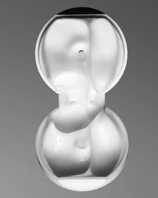 Abstract photography of two interconnected, clear glass spheres with internal distortions, set against a neutral gray backdrop.