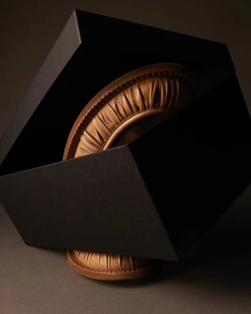 A pair of brown leather headphones sit inside an open black box, presented on a neutral gray surface in a product shot.