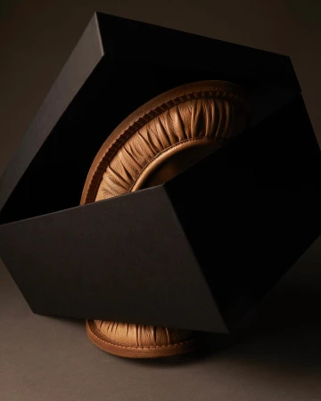 A pair of brown leather headphones sit inside an open black box, presented on a neutral gray surface in a product shot.