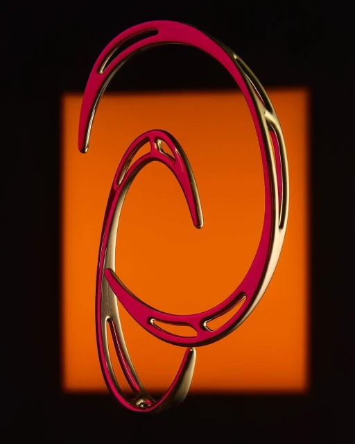 Abstract composition with pink and gold interlocking rings against an orange and black gradient background.
