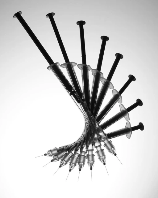 Monochrome image of a spiral arrangement of several medical syringes with plungers extended against a gradient white background.