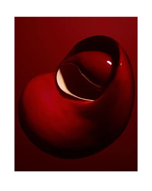 Glossy curved red sculpture object against a dark red backdrop captured by Bart Oomes