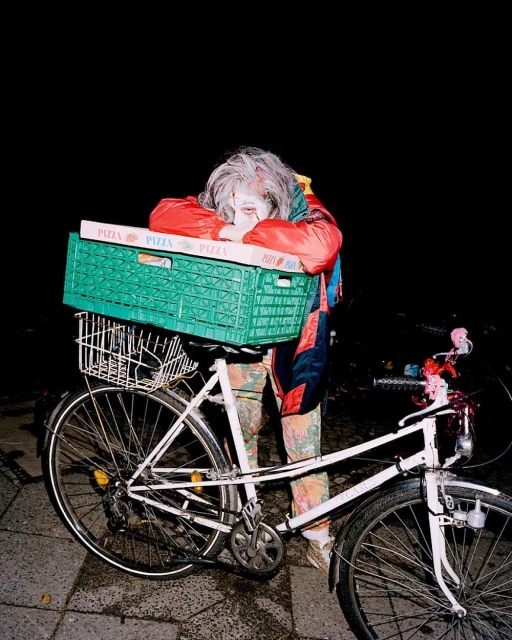 Person in costume leans on pizza boxes atop bicycle on a dark street, illuminated by artificial light, creating an eerie, surreal image.