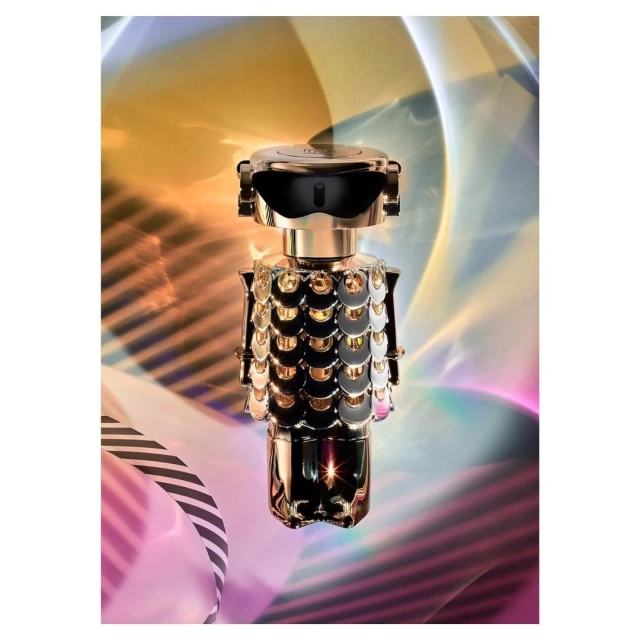 Elegant gold perfume bottle with a robot-like design, showcasing a modern and artistic twist on fragrance presentation, against a colorful backdrop.