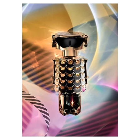 Elegant gold perfume bottle with a robot-like design, showcasing a modern and artistic twist on fragrance presentation, against a colorful backdrop.