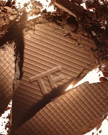 Close-up of a brown cosmetic bronzer or eyeshadow powder with the brand initials 'TF' visible, showcasing its textured surface.