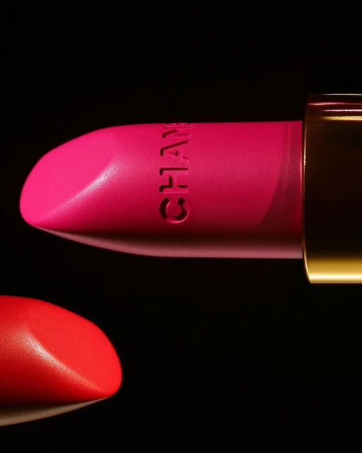 Close-up of pink and red Chanel lipsticks on a black background, showcasing the brand's beauty and cosmetic products.