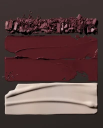 Three horizontal cosmetic product swatches including crushed burgundy powder and smooth cream textures on a dark brown background.