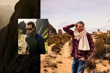 Composite portrait of a man in a red plaid shirt and jeans on a dirt path with mountain scenery photographed by Beatrice Heydiri.