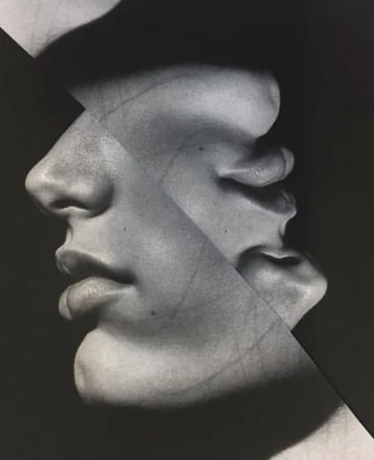Monochrome image featuring a fragmented human face in profile with dark shadows and subtle textures against a dark background.