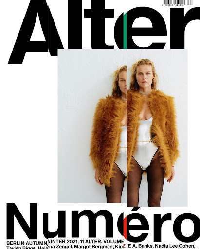 Magazine cover featuring a blonde model in a shimmering bodysuit and faux fur coat against a white backdrop, with bold typographic elements.