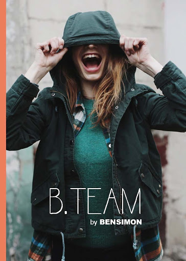 Fashionable young adult female smiling and pulling green hooded jacket over head with B.Team by Bensimon graphic text overlay.