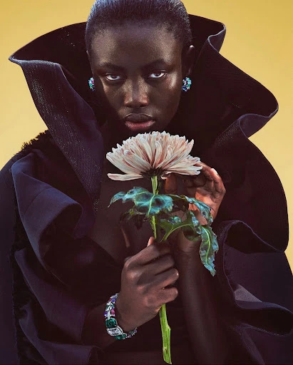 Striking portrait of a dark-skinned woman with statement collar and jewelry, holding a flower against a light yellow backdrop in a studio.