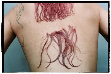 Close-up back view of a person with pink dyed hair strands arranged on their bare shoulders and back, featuring a dark tattoo.