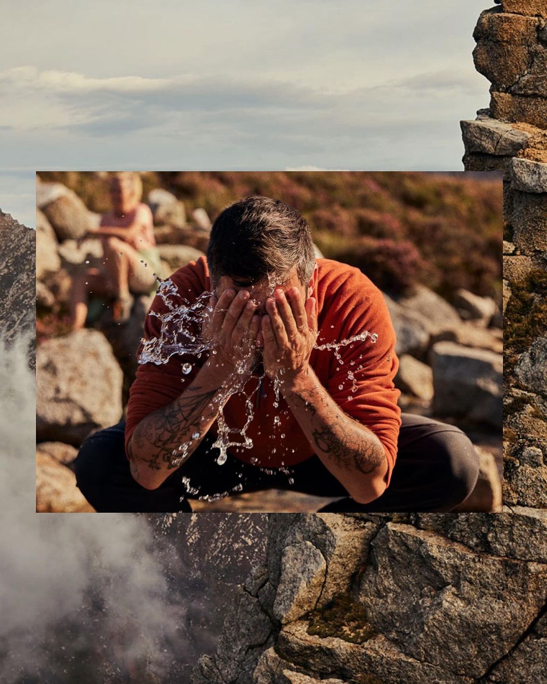 Adult male washing face with water outdoors surrounded by rocky terrain and a child in the background in a split-frame collage style.