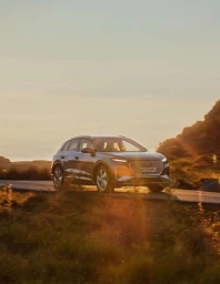 A modern electric SUV parked on a winding coastal road during a warm sunset by Beetle Rhind in London.