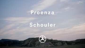 Landscape image featuring hills beneath a cloudy sky with the brand name Proenza Schouler and its logo displayed in the center.