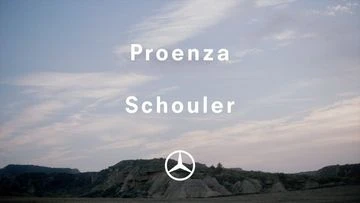 Landscape image featuring hills beneath a cloudy sky with the brand name Proenza Schouler and its logo displayed in the center.