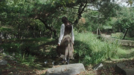 Woman with long dark hair wearing a plaid dress standing near a stream in a lush wooded park by Belle Smith