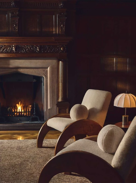 Interior design showcasing two modern armchairs with round cushions near a fireplace, set against dark wood paneling and cozy lighting.