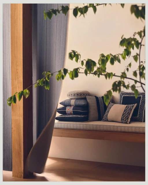 Interior still life with stacked decorative pillows on a bench seat, partially obscured by a leafy branch and draped fabric.
