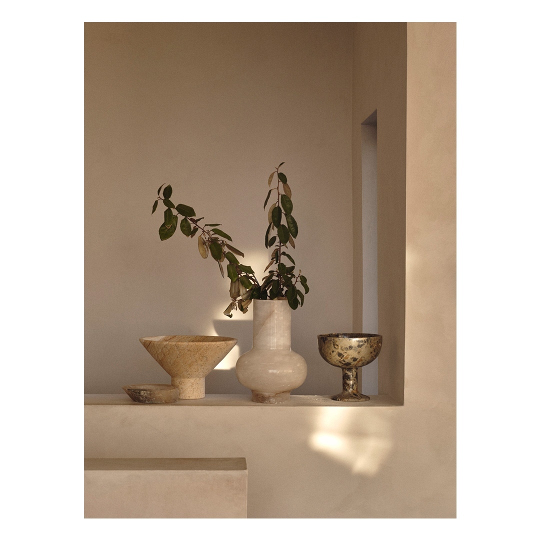 Interior shot featuring a selection of decorative vases and green leafy branches arranged on a shelf in a minimalist setting.