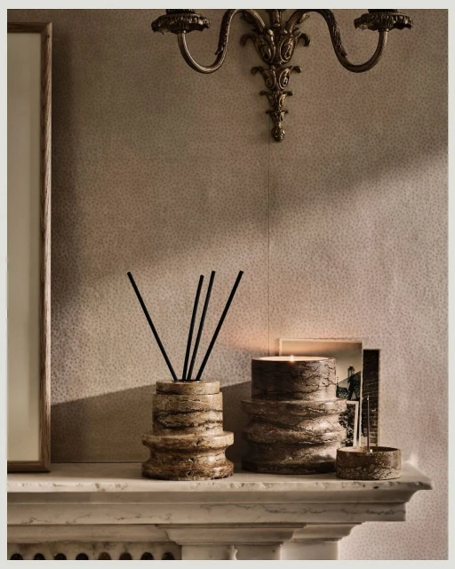 Stone-like candle and diffuser set arranged on a marble fireplace mantel with ornate sconces and patterned wallpaper backdrop. 